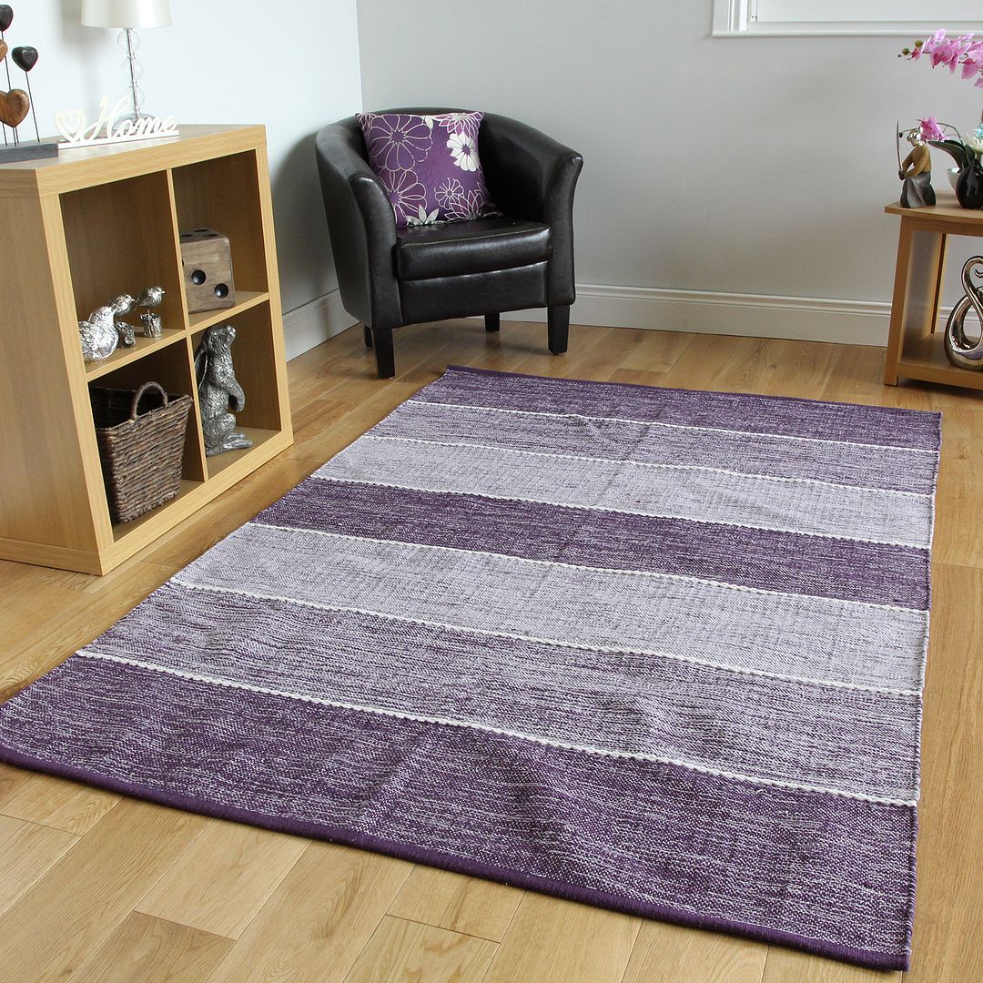 MODERN STRIPE REVERSIBLE COTTON RUGS BLUE GREY BEIGE PURPLE LIVING ROOM